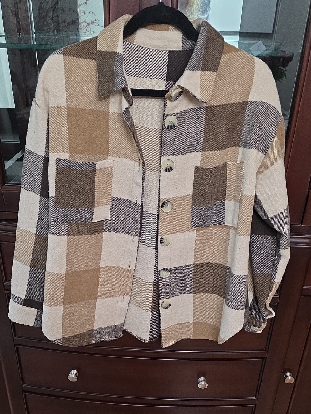 Neutral Plaid Button-Up Shacket - Cream, Tan & Brown
